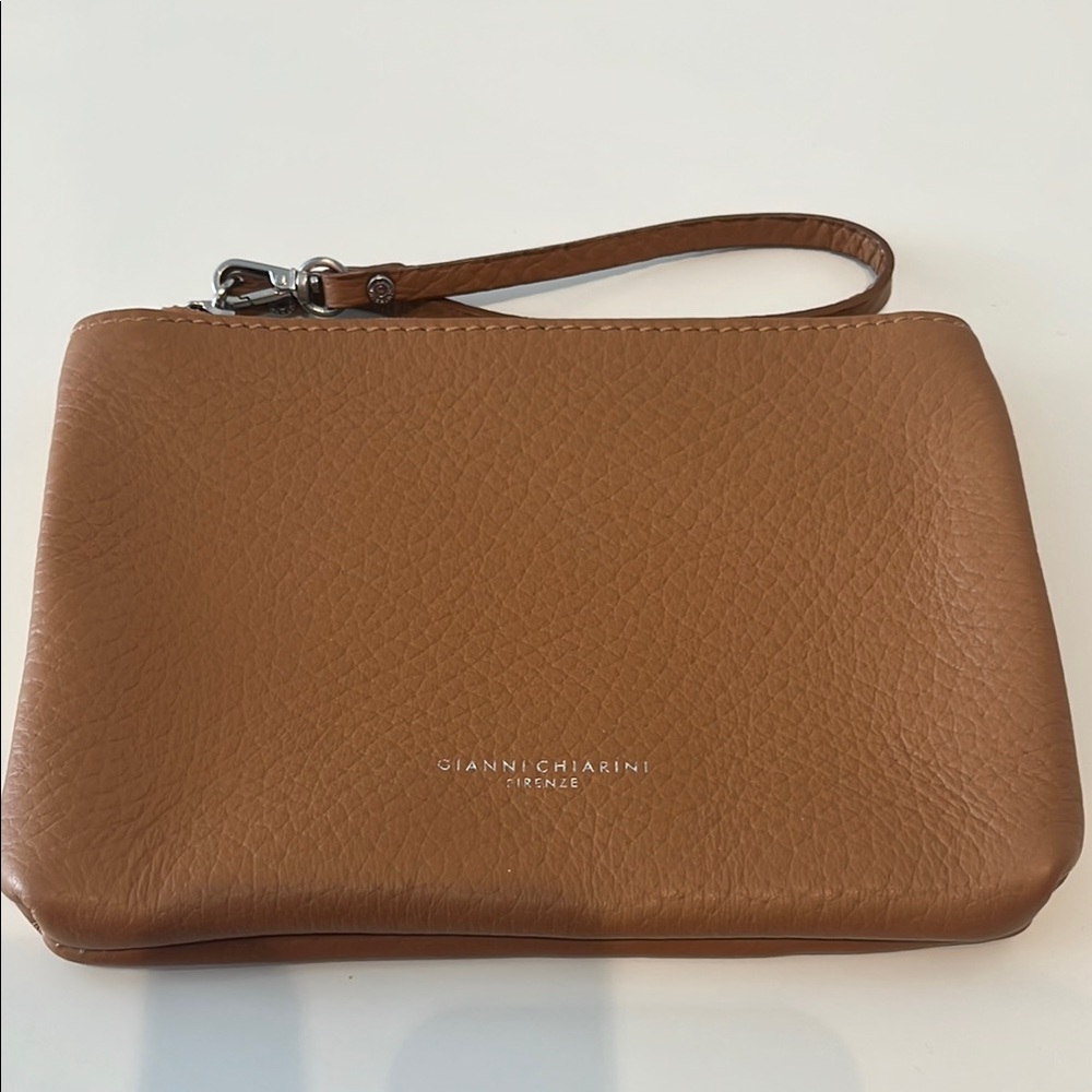 Tan Leather Toiletry Bag with Wrist Strap
